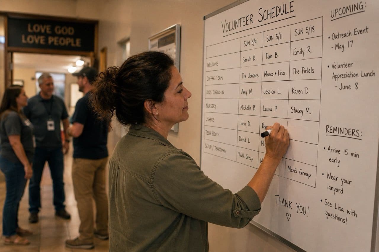A church volunteer coordinator filling out a scheduling whiteboard in a hallway marked 'Love God Love People'