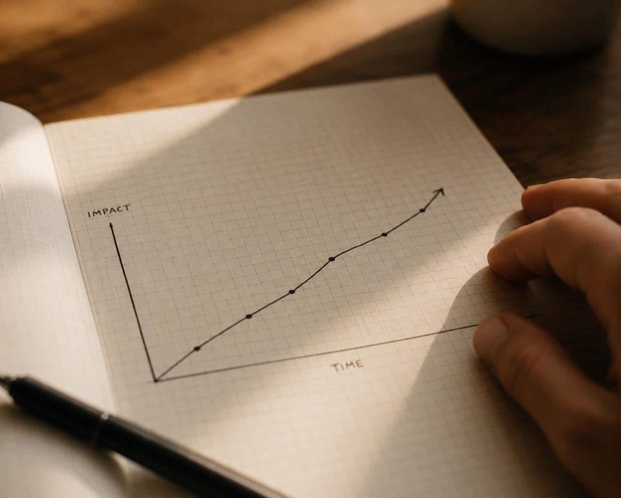 Hand-drawn Impact vs. Time growth chart in a grid notebook