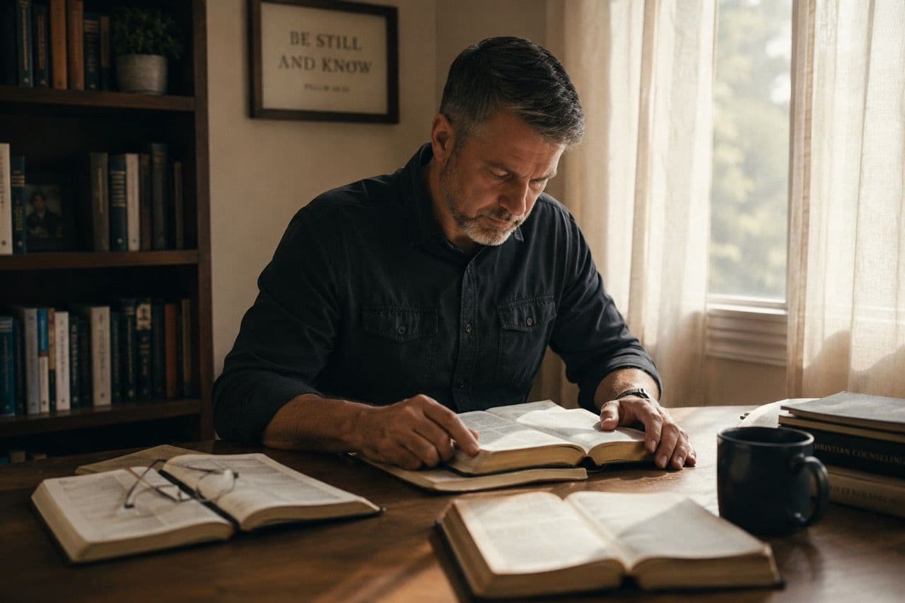 A pastor studying scripture at his desk, surrounded by open Bibles and the words 'Be Still and Know'