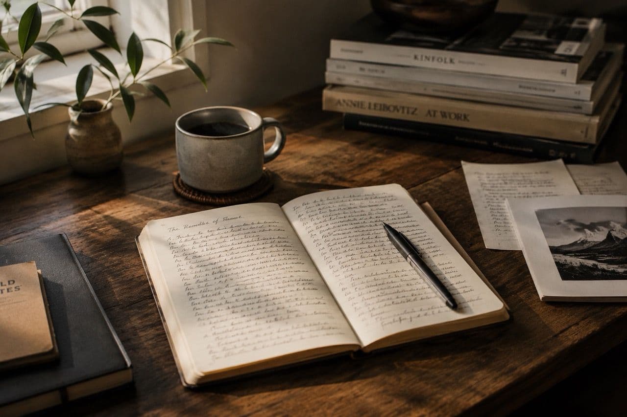 An open handwritten journal beside a ceramic coffee mug and a stack of Kinfolk books on a worn wood desk