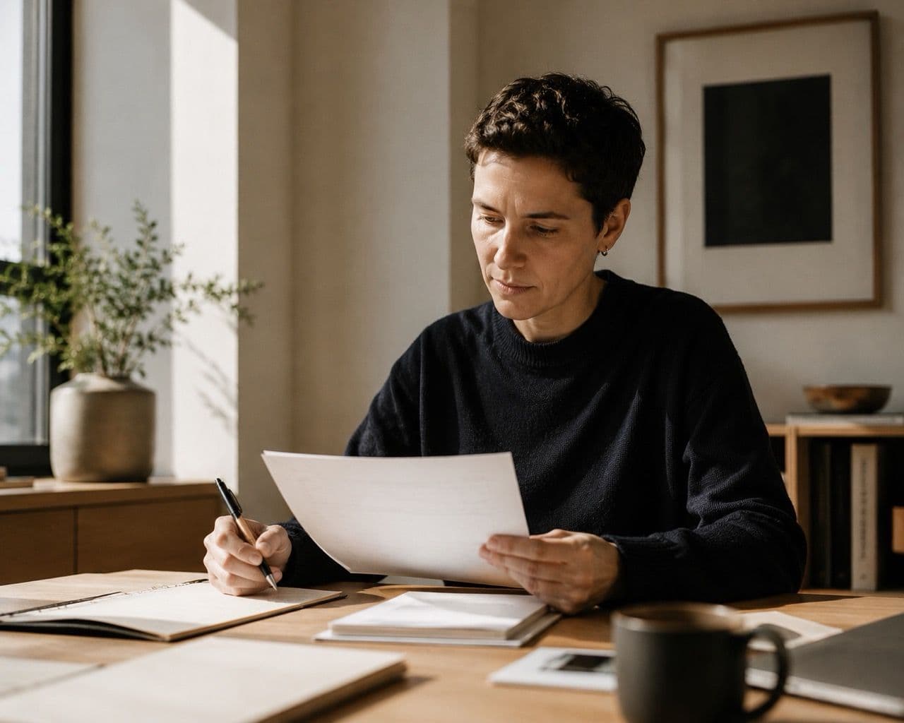 A professional reviews a document at a light-filled minimalist desk