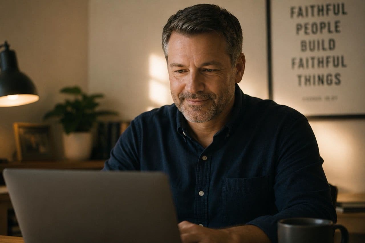A church leader smiles at his laptop in a warm office — 'Faithful People Build Faithful Things' on the wall behind him